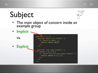 Subject
 The main object of concern inside an
 example group
 Implicit
 vs.

 Explicit
 