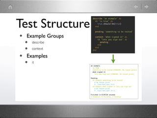 Test Structure
  Example Groups
    describe
    context

  Examples
    it
 