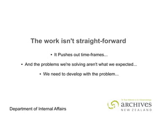 Department of Internal Affairs
The work isn't straight-forward
● It Pushes out time-frames...
● And the problems we're solving aren't what we expected...
● We need to develop with the problem...
 