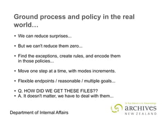 Department of Internal Affairs
Ground process and policy in the real
world…
● We can reduce surprises...
● But we can't reduce them zero...
● Find the exceptions, create rules, and encode them
in those policies...
● Move one step at a time, with modes increments.
● Flexible endpoints / reasonable / multiple goals...
● Q. HOW DID WE GET THESE FILES??
● A. It doesn't matter, we have to deal with them...
 