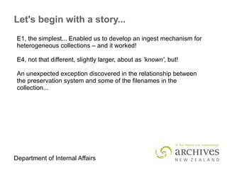 Department of Internal Affairs
Let's begin with a story...
E1, the simplest... Enabled us to develop an ingest mechanism for
heterogeneous collections – and it worked!
E4, not that different, slightly larger, about as 'known', but!
An unexpected exception discovered in the relationship between
the preservation system and some of the filenames in the
collection...
 