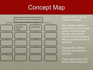 Concept Map
Amazing Words: device,
vehicle, enterprise
Ben Franklin invented a
special stove, a pole to grip
books, and many other
devices. How can the
context of those inventions
help us understand what a
device is?
Discuss with a partner:
What are some devices
you use?
If you could invent a new
device, what would it be?
How inventors inspire our imaginations
Make life
easier
experiment
 