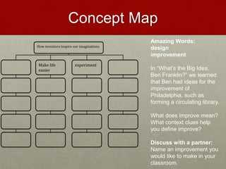 Concept Map
Amazing Words:
design
improvement
In “What’s the Big Idea,
Ben Franklin?” we learned
that Ben had ideas for the
improvement of
Philadelphia, such as
forming a circulating library.
What does improve mean?
What context clues help
you define improve?
Discuss with a partner:
Name an improvement you
would like to make in your
classroom.
How inventors inspire our imaginations
Make life
easier
experiment
 