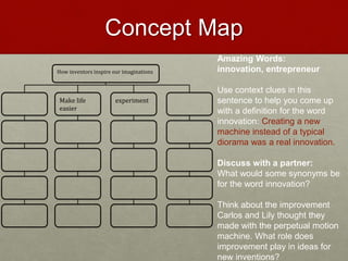Concept Map
Amazing Words:
innovation, entrepreneur
Use context clues in this
sentence to help you come up
with a definition for the word
innovation: Creating a new
machine instead of a typical
diorama was a real innovation.
Discuss with a partner:
What would some synonyms be
for the word innovation?
Think about the improvement
Carlos and Lily thought they
made with the perpetual motion
machine. What role does
improvement play in ideas for
new inventions?
How inventors inspire our imaginations
Make life
easier
experiment
 