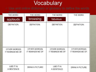 Vocabulary
• Use and online dictionary or glossary to define the words
below.
applauds browsing fabulous
 