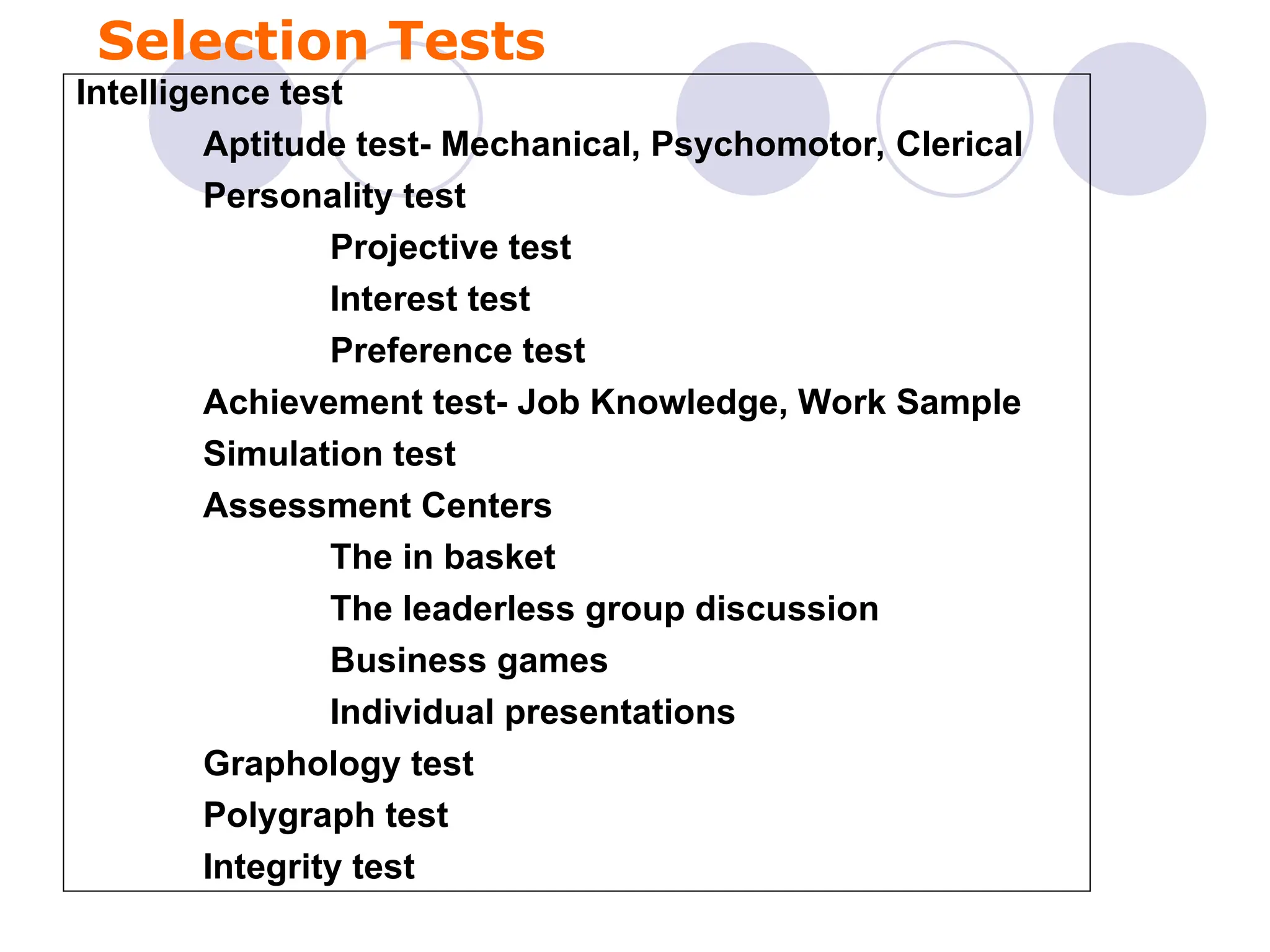 Selection Tests
Intelligence test
Aptitude test- Mechanical, Psychomotor, Clerical
Personality test
Projective test
Interest test
Preference test
Achievement test- Job Knowledge, Work Sample
Simulation test
Assessment Centers
The in basket
The leaderless group discussion
Business games
Individual presentations
Graphology test
Polygraph test
Integrity test
 