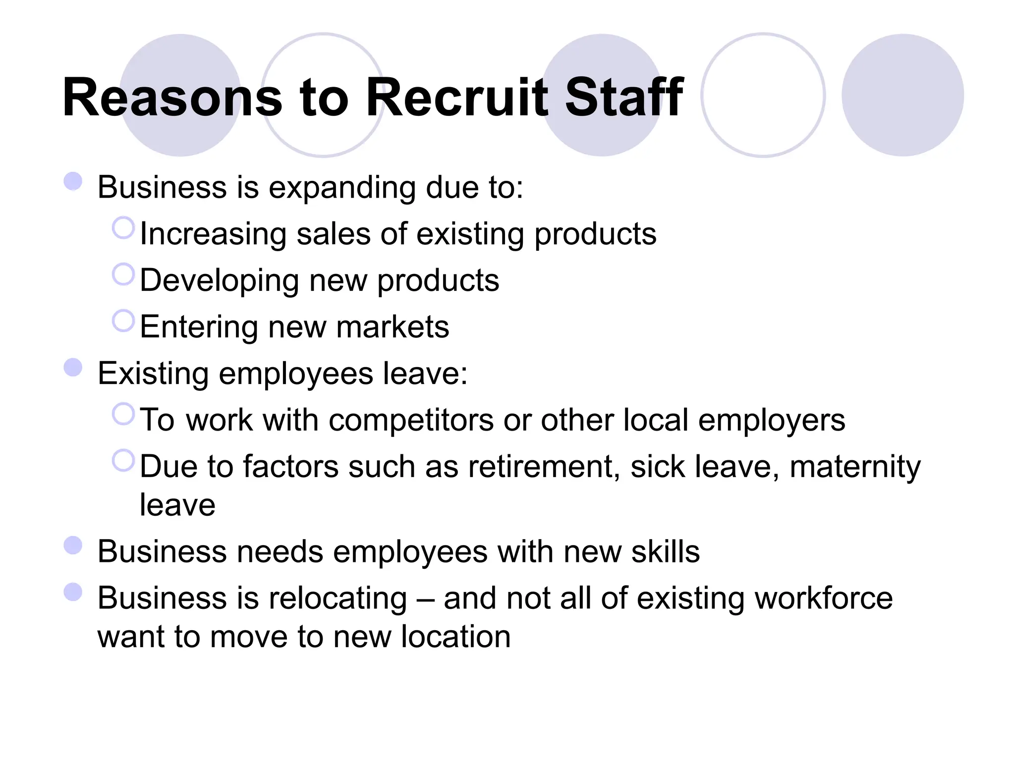 Reasons to Recruit Staff
Business is expanding due to:
Increasing sales of existing products
Developing new products
Entering new markets
Existing employees leave:
To work with competitors or other local employers
Due to factors such as retirement, sick leave, maternity
leave
Business needs employees with new skills
Business is relocating – and not all of existing workforce
want to move to new location
 