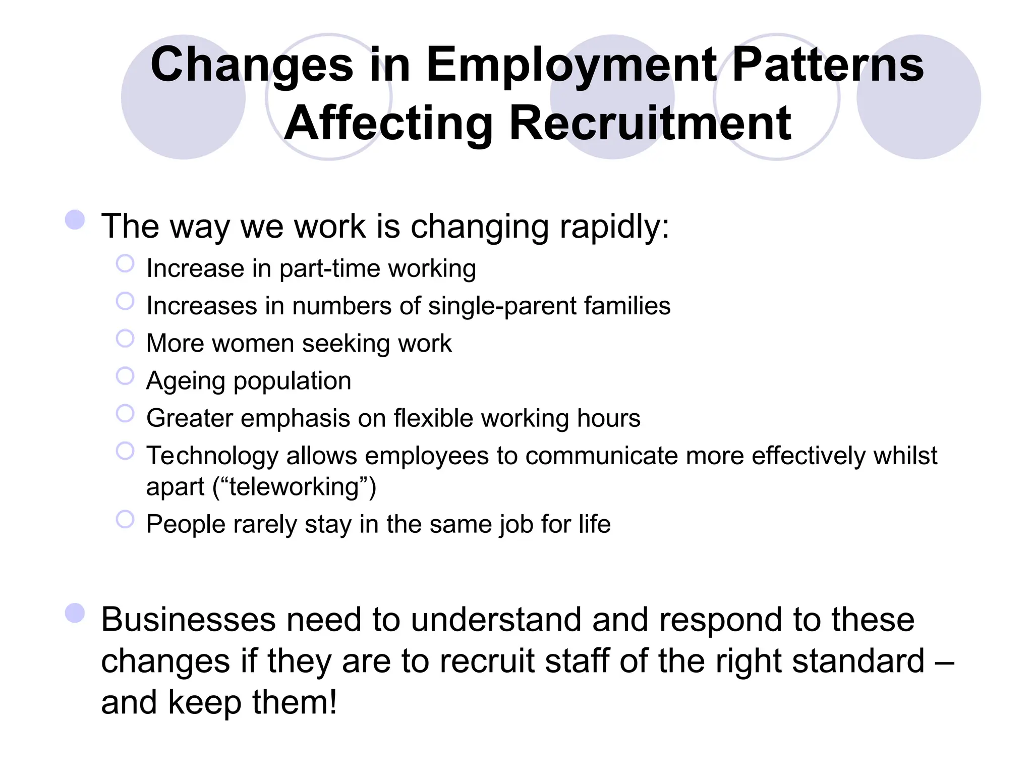 Changes in Employment Patterns
Affecting Recruitment
The way we work is changing rapidly:
 Increase in part-time working
 Increases in numbers of single-parent families
 More women seeking work
 Ageing population
 Greater emphasis on flexible working hours
 Technology allows employees to communicate more effectively whilst
apart (“teleworking”)
 People rarely stay in the same job for life
Businesses need to understand and respond to these
changes if they are to recruit staff of the right standard –
and keep them!
 
