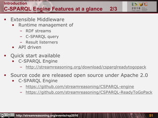 http://streamreasoning.org/events/rsp2016
Introduction
C-SPARQL Engine Features at a glance 2/3
 Extensible Middleware
• Runtime management of
– RDF streams
– C-SPARQL query
– Result listerners
• API driven
 Quick start available
• C-SPARQL Engine
– http://streamreasoning.org/download/csparqlreadytogopack
 Source code are released open source under Apache 2.0
• C-SPARQL Engine
– https://github.com/streamreasoning/CSPARQL-engine
– https://github.com/streamreasoning/CSPARQL-ReadyToGoPack
51
 
