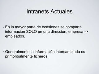 Intranets Actuales

•   En la mayor parte de ocasiones se comparte
    información SOLO en una dirección, empresa ->
    empleados.



•   Generalmente la información intercambiada es
    primordialmente ficheros.
 