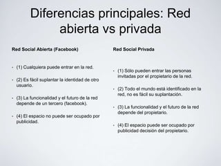 Diferencias principales: Red
                abierta vs privada
Red Social Abierta (Facebook)                     Red Social Privada


•   (1) Cualquiera puede entrar en la red.
                                                  •   (1) Sólo pueden entrar las personas
                                                      invitadas por el propietario de la red.
•   (2) Es fácil suplantar la identidad de otro
    usuario.
                                                  •   (2) Todo el mundo está identificado en la
                                                      red, no es fácil su suplantación.
•   (3) La funcionalidad y el futuro de la red
    depende de un tercero (facebook).
                                                  •   (3) La funcionalidad y el futuro de la red
                                                      depende del propietario.
•   (4) El espacio no puede ser ocupado por
    publicidad.
                                                  •   (4) El espacio puede ser ocupado por
                                                      publicidad decisión del propietario.
 