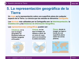 5. La representación geográfica de la Tierra Nuestro planeta la Tierra 1º ESO  | UNIDAD 01 | CIENCIAS SOCIALES Un  mapa  es la representación sobre una superficie plana de cualquier espacio de la Tierra. La ciencia que los estudia se denomina  Cartografía. Las  técnicas  más utilizadas por la Cartografía son: la  fotointerpretación,  la  teledetección  y los  Sistemas de Información Geográfica. Las  representaciones cartográficas  pueden ser: Cilíndricas,  en la que la imagen geográfica se proyecta sobre un cilindro tangente al Ecuador.      Planas,  donde la imagen se logra a través de una superficie plana sobre las zonas polares. Cónicas,  en las que la imagen se obtiene a partir de un cono en cuyo seno se encuentra la esfera terrestre. 
