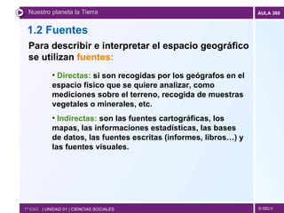 1.2 Fuentes Nuestro planeta la Tierra 1º ESO  | UNIDAD 01 | CIENCIAS SOCIALES Para describir e interpretar el espacio geográfico se utilizan  fuentes: Directas:  si son recogidas por los geógrafos en el espacio físico que se quiere analizar, como mediciones sobre el terreno, recogida de muestras vegetales o minerales, etc. Indirectas:  son las fuentes cartográficas, los mapas, las informaciones estadísticas, las bases de datos, las fuentes escritas (informes, libros…) y las fuentes visuales. 