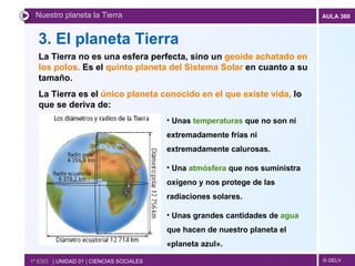 3. El planeta Tierra Nuestro planeta la Tierra 1º ESO  | UNIDAD 01 | CIENCIAS SOCIALES La Tierra no es una esfera perfecta, sino un  geoide achatado en los polos.  Es el  quinto planeta del Sistema Solar  en cuanto a su tamaño. La Tierra es el  único planeta conocido en el que existe vida,  lo que se deriva de: Unas  temperaturas  que no son ni extremadamente frías ni extremadamente calurosas. Una  atmósfera  que nos suministra oxígeno y nos protege de las radiaciones solares. Unas grandes cantidades de  agua  que hacen de nuestro planeta el «planeta azul». 