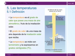 La dinámica atmosférica. Tiempo y clima. 5. Las temperaturas 5.1 Definición   1º ESO  |  UNIDAD 5  | CIENCIAS SOCIALES   La  temperatura  es el  grado de calor que posee una masa de aire atmosférico,  fruto de la irradiación solar.  El  grado de calor  de una masa de aire depende de la  irradiación solar  que reciba. La  temperatura  se mide con  termómetro  y la expresamos en  grados centígrados (ºC). 