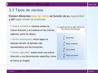 La dinámica atmosférica. Tiempo y clima. 3.3 Tipos de vientos   1º ESO  |  UNIDAD 5  | CIENCIAS SOCIALES   Existen diferentes  tipos de viento  en función de su  regularidad  y del  lugar donde se producen: Vientos constantes:  siempre poseen la misma dirección y se localizan en las mismas regiones, como los alisios.  Vientos estacionales:  varían según la estación del año. El ejemplo más representativo son los monzones. Vientos regionales:  suelen tener una misma dirección y una denominación específica, como el Cierzo en Aragón . 