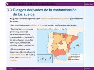 Riesgos naturales y problemas medioambientales 3.3 Riesgos derivados de la contaminación  de los suelos   1º ESO  |  UNIDAD 7  | CIENCIAS SOCIALES   Algunas actividades agrícolas usan  insecticidas  y  fertilizantes químicos  que contaminan los suelos. Las industrias generan  residuos tóxicos  que también pueden dañar a los suelos. Parte de las  basuras  no se procesan y acaban en vertederos incontrolados, provocando la contaminación de los suelos con productos como lejías, detergentes, plásticos, pilas y baterías, etc. El crecimiento de estos desechos está motivado por la  cultura consumista  del «usar y tirar» y el  escaso nivel de reciclaje. 