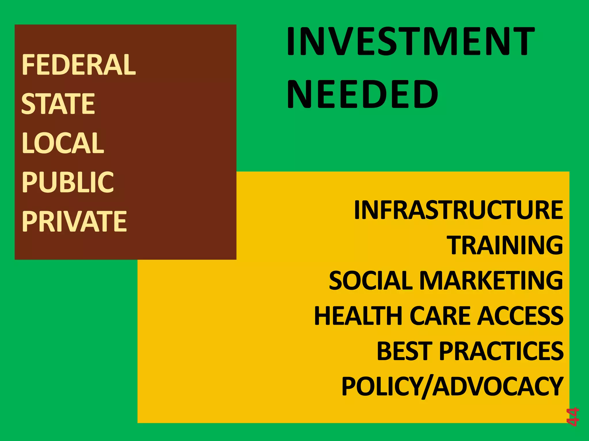 INVESTMENT 
NEEDED 
INFRASTRUCTURE 
TRAINING 
SOCIAL MARKETING 
HEALTH CARE ACCESS 
BEST PRACTICES 
POLICY/ADVOCACY 
FEDERAL 
STATE 
LOCAL 
PUBLIC 
PRIVATE 
44 
 