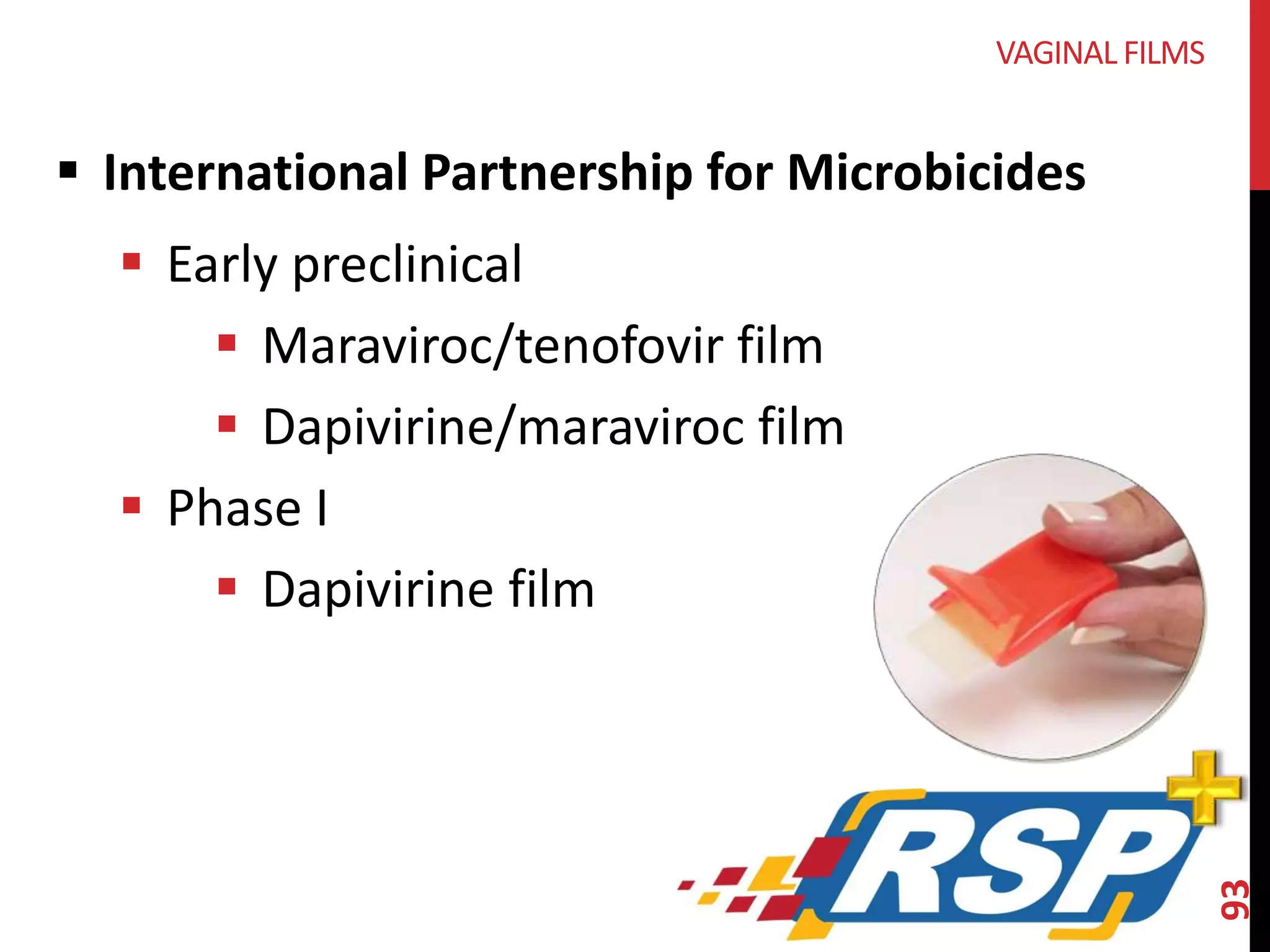  International Partnership for Microbicides 
 Early preclinical 
 Maraviroc/tenofovir film 
 Dapivirine/maraviroc film 
 Phase I 
 Dapivirine film 
93 
VAGINAL FILMS 
 