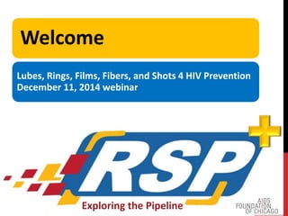 Welcome 
Lubes, Rings, Films, Fibers, and Shots 4 HIV Prevention 
December 11, 2014 webinar 
Exploring the Pipeline 
 