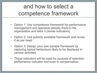 and how to select a
competence framework
• Option 1: Use competence framework for performance
management and appraisal already there in the
organisation and tailor it (revise indicators)
• Option 2: Use publicly available framework and revise
it as per need
• Option 3: Design your own sample framework by
capturing typical behaviours likely to be displayed in
various activities
• These indicators will be used for purpose of selection,
performance indicator and even in compensation
 