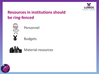 Resources in institutions should
be ring-fenced
Personnel
Budgets
Material resources
¥
 
