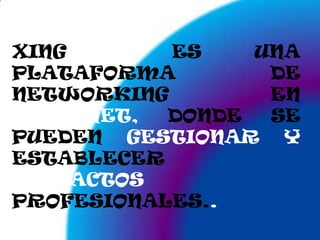 XING  ES UNA PLATAFORMA DE NETWORKING EN INTERNET, DONDE SE PUEDEN GESTIONAR Y ESTABLECER CONTACTOS PROFESIONALES..