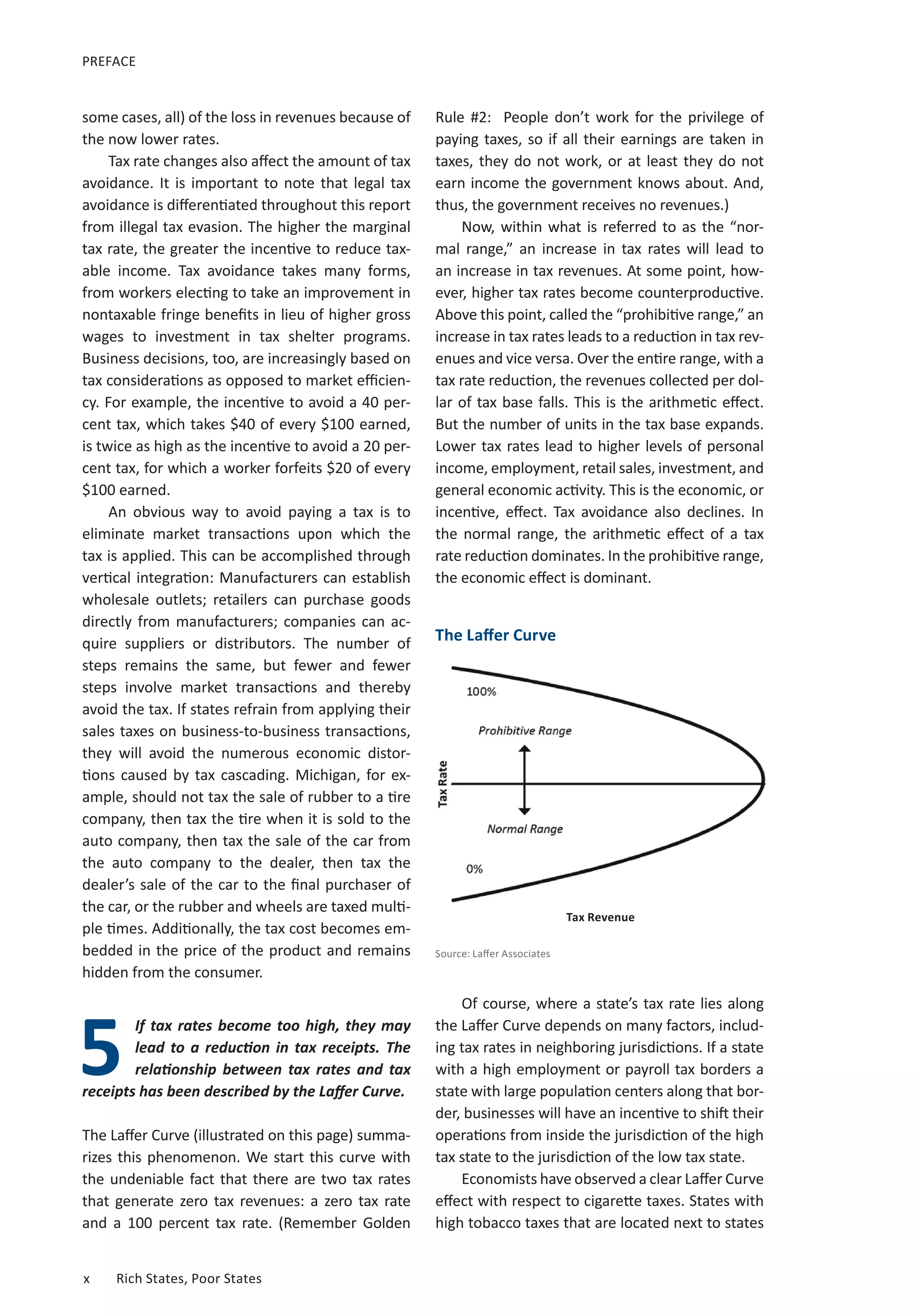 some cases, all) of the loss in revenues because of 
the now lower rates. 
Tax rate changes also affect the amount of tax 
avoidance. It is important to note that legal tax 
avoidance is differentiated throughout this report 
from illegal tax evasion. The higher the marginal 
tax rate, the greater the incentive to reduce tax-able 
income. Tax avoidance takes many forms, 
from workers electing to take an improvement in 
nontaxable fringe benefits in lieu of higher gross 
wages to investment in tax shelter programs. 
Business decisions, too, are increasingly based on 
tax considerations as opposed to market efficien-cy. 
For example, the incentive to avoid a 40 per-cent 
tax, which takes $40 of every $100 earned, 
is twice as high as the incentive to avoid a 20 per-cent 
tax, for which a worker forfeits $20 of every 
$100 earned. 
An obvious way to avoid paying a tax is to 
eliminate market transactions upon which the 
tax is applied. This can be accomplished through 
vertical integration: Manufacturers can establish 
wholesale outlets; retailers can purchase goods 
directly from manufacturers; companies can ac-quire 
suppliers or distributors. The number of 
steps remains the same, but fewer and fewer 
steps involve market transactions and thereby 
avoid the tax. If states refrain from applying their 
sales taxes on business-to-business transactions, 
they will avoid the numerous economic distor-tions 
caused by tax cascading. Michigan, for ex-ample, 
should not tax the sale of rubber to a tire 
company, then tax the tire when it is sold to the 
auto company, then tax the sale of the car from 
the auto company to the dealer, then tax the 
dealer’s sale of the car to the final purchaser of 
the car, or the rubber and wheels are taxed multi-ple 
times. Additionally, the tax cost becomes em-bedded 
in the price of the product and remains 
hidden from the consumer. 
If tax rates become too high, they may 
lead to a reduction in tax receipts. The 
relationship between tax rates and tax 
5 
receipts has been described by the Laffer Curve. 
The Laffer Curve (illustrated on this page) summa-rizes 
this phenomenon. We start this curve with 
the undeniable fact that there are two tax rates 
that generate zero tax revenues: a zero tax rate 
and a 100 percent tax rate. (Remember Golden 
x Rich States, Poor States 
The Laffer Curve 
Source: Laffer Associates 
Tax Revenue 
PREFACE 
Rule #2: People don’t work for the privilege of 
paying taxes, so if all their earnings are taken in 
taxes, they do not work, or at least they do not 
earn income the government knows about. And, 
thus, the government receives no revenues.) 
Now, within what is referred to as the “nor-mal 
range,” an increase in tax rates will lead to 
an increase in tax revenues. At some point, how-ever, 
higher tax rates become counterproductive. 
Above this point, called the “prohibitive range,” an 
increase in tax rates leads to a reduction in tax rev-enues 
and vice versa. Over the entire range, with a 
tax rate reduction, the revenues collected per dol-lar 
of tax base falls. This is the arithmetic effect. 
But the number of units in the tax base expands. 
Lower tax rates lead to higher levels of personal 
income, employment, retail sales, investment, and 
general economic activity. This is the economic, or 
incentive, effect. Tax avoidance also declines. In 
the normal range, the arithmetic effect of a tax 
rate reduction dominates. In the prohibitive range, 
the economic effect is dominant. 
Of course, where a state’s tax rate lies along 
the Laffer Curve depends on many factors, includ-ing 
tax rates in neighboring jurisdictions. If a state 
with a high employment or payroll tax borders a 
state with large population centers along that bor-der, 
businesses will have an incentive to shift their 
operations from inside the jurisdiction of the high 
tax state to the jurisdiction of the low tax state. 
Economists have observed a clear Laffer Curve 
effect with respect to cigarette taxes. States with 
high tobacco taxes that are located next to states 
 