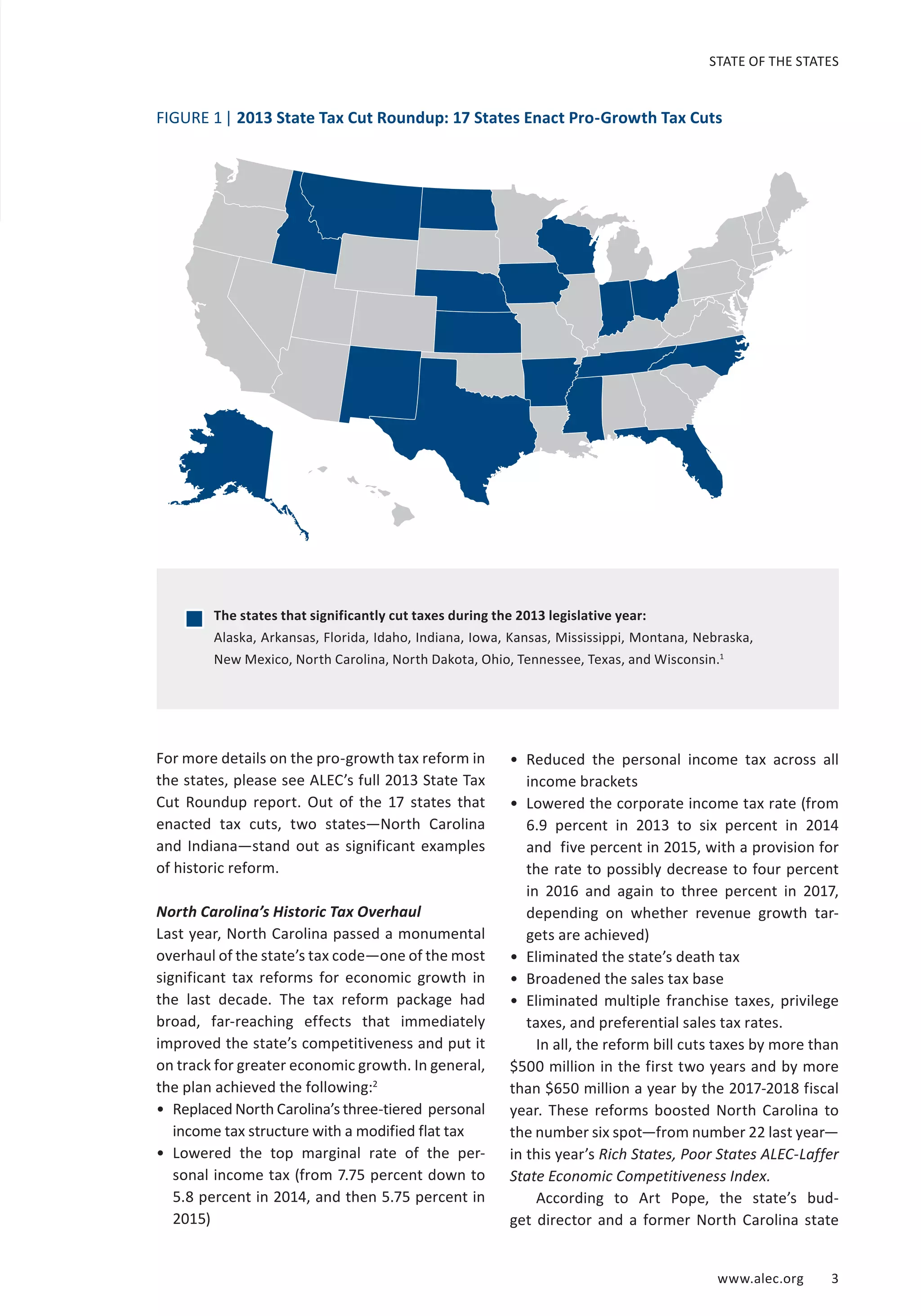 STATE OF THE STATES 
FIGURE 1 | 2013 State Tax Cut Roundup: 17 States Enact Pro-Growth Tax Cuts 
The states that significantly cut taxes during the 2013 legislative year: 
Alaska, Arkansas, Florida, Idaho, Indiana, Iowa, Kansas, Mississippi, Montana, Nebraska, 
New Mexico, North Carolina, North Dakota, Ohio, Tennessee, Texas, and Wisconsin.1 
www.alec.org 3 
For more details on the pro-growth tax reform in 
the states, please see ALEC’s full 2013 State Tax 
Cut Roundup report. Out of the 17 states that 
enacted tax cuts, two states—North Carolina 
and Indiana—stand out as significant examples 
of historic reform. 
North Carolina’s Historic Tax Overhaul 
Last year, North Carolina passed a monumental 
overhaul of the state’s tax code—one of the most 
significant tax reforms for economic growth in 
the last decade. The tax reform package had 
broad, far-reaching effects that immediately 
improved the state’s competitiveness and put it 
on track for greater economic growth. In general, 
the plan achieved the following:2 
• Replaced North Carolina’s three-tiered personal 
income tax structure with a modified flat tax 
• Lowered the top marginal rate of the per-sonal 
income tax (from 7.75 percent down to 
5.8 percent in 2014, and then 5.75 percent in 
2015) 
• Reduced the personal income tax across all 
income brackets 
• Lowered the corporate income tax rate (from 
6.9 percent in 2013 to six percent in 2014 
and five percent in 2015, with a provision for 
the rate to possibly decrease to four percent 
in 2016 and again to three percent in 2017, 
depending on whether revenue growth tar-gets 
are achieved) 
• Eliminated the state’s death tax 
• Broadened the sales tax base 
• Eliminated multiple franchise taxes, privilege 
taxes, and preferential sales tax rates. 
In all, the reform bill cuts taxes by more than 
$500 million in the first two years and by more 
than $650 million a year by the 2017-2018 fiscal 
year. These reforms boosted North Carolina to 
the number six spot—from number 22 last year— 
in this year’s Rich States, Poor States ALEC-Laffer 
State Economic Competitiveness Index. 
According to Art Pope, the state’s bud-get 
director and a former North Carolina state 
 
