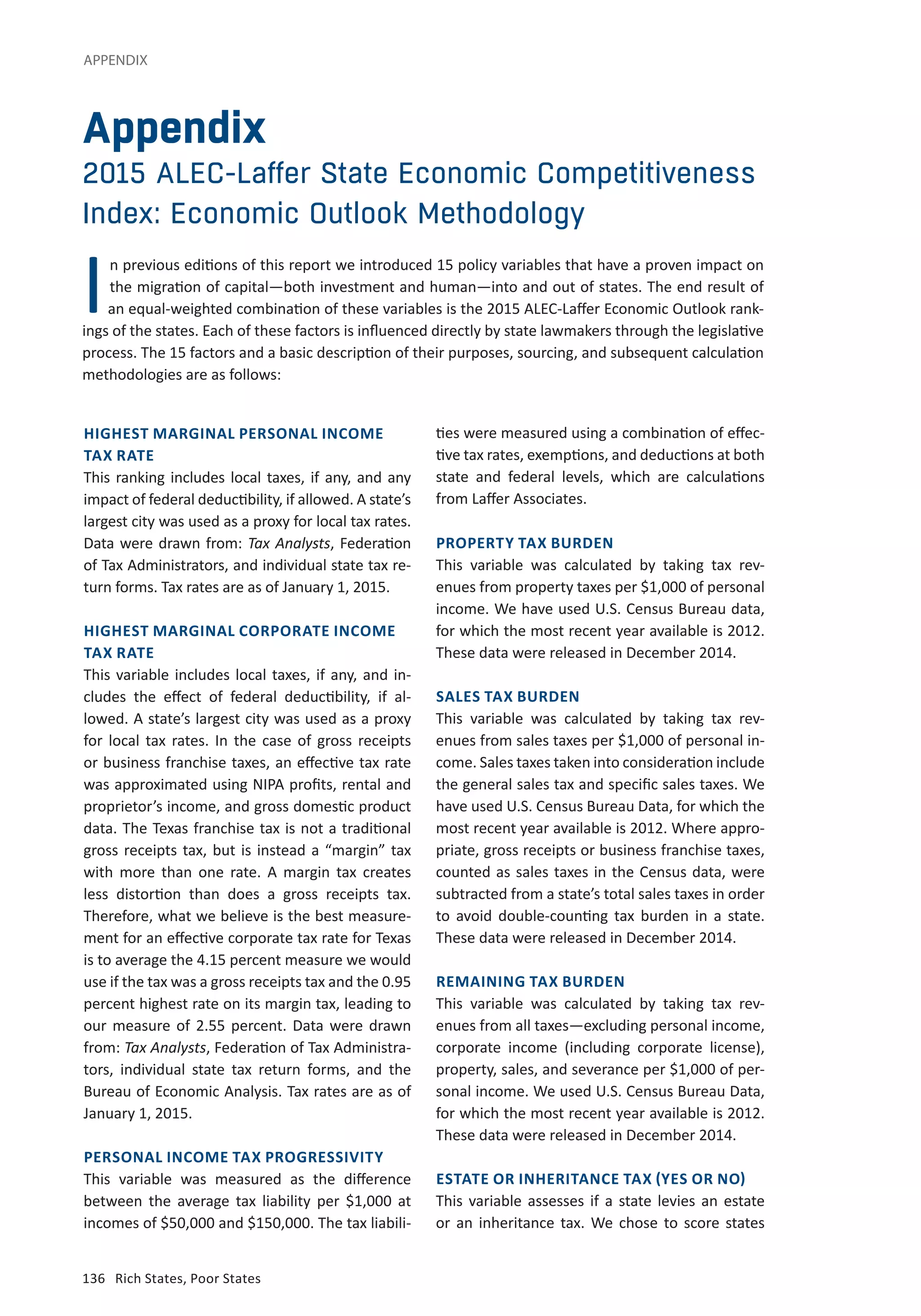 136	 Rich States, Poor States
Appendix
2015 ALEC-Laffer State Economic Competitiveness
Index: Economic Outlook Methodology
I
APPENDIX
HIGHEST MARGINAL PERSONAL INCOME
TAX RATE
This ranking includes local taxes, if any, and any
impact of federal deductibility, if allowed. A state’s
largest city was used as a proxy for local tax rates.
Data were drawn from: Tax Analysts, Federation
of Tax Administrators, and individual state tax re-
turn forms. Tax rates are as of January 1, 2015.
HIGHEST MARGINAL CORPORATE INCOME
TAX RATE
This variable includes local taxes, if any, and in-
cludes the effect of federal deductibility, if al-
lowed. A state’s largest city was used as a proxy
for local tax rates. In the case of gross receipts
or business franchise taxes, an effective tax rate
was approximated using NIPA profits, rental and
proprietor’s income, and gross domestic product
data. The Texas franchise tax is not a traditional
gross receipts tax, but is instead a “margin” tax
with more than one rate. A margin tax creates
less distortion than does a gross receipts tax.
Therefore, what we believe is the best measure-
ment for an effective corporate tax rate for Texas
is to average the 4.15 percent measure we would
use if the tax was a gross receipts tax and the 0.95
percent highest rate on its margin tax, leading to
our measure of 2.55 percent. Data were drawn
from: Tax Analysts, Federation of Tax Administra-
tors, individual state tax return forms, and the
Bureau of Economic Analysis. Tax rates are as of
January 1, 2015.
PERSONAL INCOME TAX PROGRESSIVITY
This variable was measured as the difference
between the average tax liability per $1,000 at
incomes of $50,000 and $150,000. The tax liabili-
ties were measured using a combination of effec-
tive tax rates, exemptions, and deductions at both
state and federal levels, which are calculations
from Laffer Associates.
PROPERTY TAX BURDEN
This variable was calculated by taking tax rev-
enues from property taxes per $1,000 of personal
income. We have used U.S. Census Bureau data,
for which the most recent year available is 2012.
These data were released in December 2014.
SALES TAX BURDEN
This variable was calculated by taking tax rev-
enues from sales taxes per $1,000 of personal in-
come. Sales taxes taken into consideration include
the general sales tax and specific sales taxes. We
have used U.S. Census Bureau Data, for which the
most recent year available is 2012. Where appro-
priate, gross receipts or business franchise taxes,
counted as sales taxes in the Census data, were
subtracted from a state’s total sales taxes in order
to avoid double-counting tax burden in a state.
These data were released in December 2014.
REMAINING TAX BURDEN
This variable was calculated by taking tax rev-
enues from all taxes—excluding personal income,
corporate income (including corporate license),
property, sales, and severance per $1,000 of per-
sonal income. We used U.S. Census Bureau Data,
for which the most recent year available is 2012.
These data were released in December 2014.
ESTATE OR INHERITANCE TAX (YES OR NO)
This variable assesses if a state levies an estate
or an inheritance tax. We chose to score states
n previous editions of this report we introduced 15 policy variables that have a proven impact on
the migration of capital—both investment and human—into and out of states. The end result of
an equal-weighted combination of these variables is the 2015 ALEC-Laffer Economic Outlook rank-
ings of the states. Each of these factors is influenced directly by state lawmakers through the legislative
process. The 15 factors and a basic description of their purposes, sourcing, and subsequent calculation
methodologies are as follows:
 