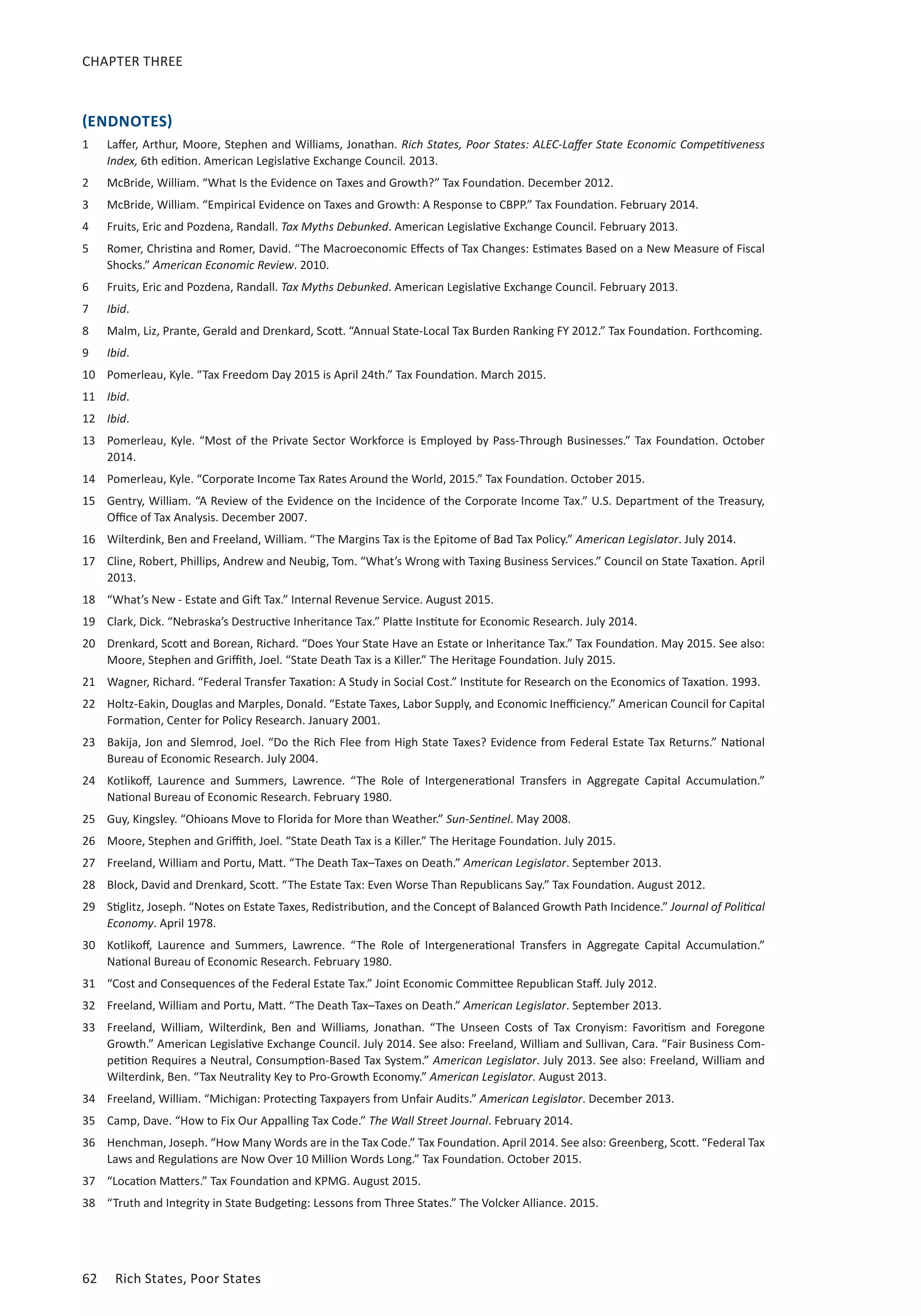 62	 Rich States, Poor States
CHAPTER THREE
(ENDNOTES)
1	 Laffer, Arthur, Moore, Stephen and Williams, Jonathan. Rich States, Poor States: ALEC-Laffer State Economic Competitiveness
Index, 6th edition. American Legislative Exchange Council. 2013.
2	 McBride, William. “What Is the Evidence on Taxes and Growth?” Tax Foundation. December 2012.
3	 McBride, William. “Empirical Evidence on Taxes and Growth: A Response to CBPP.” Tax Foundation. February 2014.
4	 Fruits, Eric and Pozdena, Randall. Tax Myths Debunked. American Legislative Exchange Council. February 2013.
5	 Romer, Christina and Romer, David. “The Macroeconomic Effects of Tax Changes: Estimates Based on a New Measure of Fiscal
Shocks.” American Economic Review. 2010.
6	 Fruits, Eric and Pozdena, Randall. Tax Myths Debunked. American Legislative Exchange Council. February 2013.
7	 Ibid.
8	 Malm, Liz, Prante, Gerald and Drenkard, Scott. “Annual State-Local Tax Burden Ranking FY 2012.” Tax Foundation. Forthcoming.
9	 Ibid.
10	 Pomerleau, Kyle. “Tax Freedom Day 2015 is April 24th.” Tax Foundation. March 2015.
11	 Ibid.
12	 Ibid.
13	 Pomerleau, Kyle. “Most of the Private Sector Workforce is Employed by Pass-Through Businesses.” Tax Foundation. October
2014.
14	 Pomerleau, Kyle. “Corporate Income Tax Rates Around the World, 2015.” Tax Foundation. October 2015.
15	 Gentry, William. “A Review of the Evidence on the Incidence of the Corporate Income Tax.” U.S. Department of the Treasury,
Office of Tax Analysis. December 2007.
16	 Wilterdink, Ben and Freeland, William. “The Margins Tax is the Epitome of Bad Tax Policy.” American Legislator. July 2014.
17	 Cline, Robert, Phillips, Andrew and Neubig, Tom. “What’s Wrong with Taxing Business Services.” Council on State Taxation. April
2013.
18	 “What’s New - Estate and Gift Tax.” Internal Revenue Service. August 2015.
19	 Clark, Dick. “Nebraska’s Destructive Inheritance Tax.” Platte Institute for Economic Research. July 2014.
20	 Drenkard, Scott and Borean, Richard. “Does Your State Have an Estate or Inheritance Tax.” Tax Foundation. May 2015. See also:
Moore, Stephen and Griffith, Joel. “State Death Tax is a Killer.” The Heritage Foundation. July 2015.
21	 Wagner, Richard. “Federal Transfer Taxation: A Study in Social Cost.” Institute for Research on the Economics of Taxation. 1993.
22	 Holtz-Eakin, Douglas and Marples, Donald. “Estate Taxes, Labor Supply, and Economic Inefficiency.” American Council for Capital
Formation, Center for Policy Research. January 2001.
23	 Bakija, Jon and Slemrod, Joel. “Do the Rich Flee from High State Taxes? Evidence from Federal Estate Tax Returns.” National
Bureau of Economic Research. July 2004.
24	 Kotlikoff, Laurence and Summers, Lawrence. “The Role of Intergenerational Transfers in Aggregate Capital Accumulation.”
National Bureau of Economic Research. February 1980.
25	 Guy, Kingsley. “Ohioans Move to Florida for More than Weather.” Sun-Sentinel. May 2008.
26	 Moore, Stephen and Griffith, Joel. “State Death Tax is a Killer.” The Heritage Foundation. July 2015.
27	 Freeland, William and Portu, Matt. “The Death Tax–Taxes on Death.” American Legislator. September 2013.
28	 Block, David and Drenkard, Scott. “The Estate Tax: Even Worse Than Republicans Say.” Tax Foundation. August 2012.
29	 Stiglitz, Joseph. “Notes on Estate Taxes, Redistribution, and the Concept of Balanced Growth Path Incidence.” Journal of Political
Economy. April 1978.
30	 Kotlikoff, Laurence and Summers, Lawrence. “The Role of Intergenerational Transfers in Aggregate Capital Accumulation.”
National Bureau of Economic Research. February 1980.
31	 “Cost and Consequences of the Federal Estate Tax.” Joint Economic Committee Republican Staff. July 2012.
32	 Freeland, William and Portu, Matt. “The Death Tax–Taxes on Death.” American Legislator. September 2013.
33	 Freeland, William, Wilterdink, Ben and Williams, Jonathan. “The Unseen Costs of Tax Cronyism: Favoritism and Foregone
Growth.” American Legislative Exchange Council. July 2014. See also: Freeland, William and Sullivan, Cara. “Fair Business Com-
petition Requires a Neutral, Consumption-Based Tax System.” American Legislator. July 2013. See also: Freeland, William and
Wilterdink, Ben. “Tax Neutrality Key to Pro-Growth Economy.” American Legislator. August 2013.
34	 Freeland, William. “Michigan: Protecting Taxpayers from Unfair Audits.” American Legislator. December 2013.
35	 Camp, Dave. “How to Fix Our Appalling Tax Code.” The Wall Street Journal. February 2014.
36	 Henchman, Joseph. “How Many Words are in the Tax Code.” Tax Foundation. April 2014. See also: Greenberg, Scott. “Federal Tax
Laws and Regulations are Now Over 10 Million Words Long.” Tax Foundation. October 2015.
37	 “Location Matters.” Tax Foundation and KPMG. August 2015.
38	 “Truth and Integrity in State Budgeting: Lessons from Three States.” The Volcker Alliance. 2015.
 