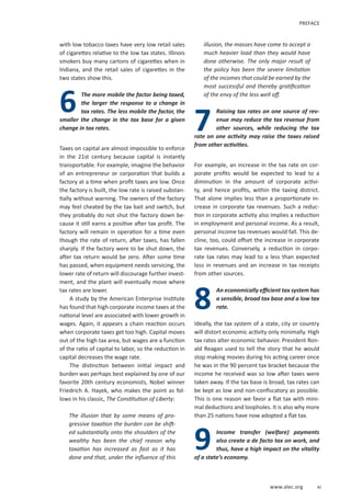www.alec.org xi
with low tobacco taxes have very low retail sales
of cigarettes relative to the low tax states. Illinois
smokers buy many cartons of cigarettes when in
Indiana, and the retail sales of cigarettes in the
two states show this.
The more mobile the factor being taxed,
the larger the response to a change in
tax rates. The less mobile the factor, the
smaller the change in the tax base for a given
change in tax rates.
Taxes on capital are almost impossible to enforce
in the 21st century because capital is instantly
transportable. For example, imagine the behavior
of an entrepreneur or corporation that builds a
factory at a time when profit taxes are low. Once
the factory is built, the low rate is raised substan-
tially without warning. The owners of the factory
may feel cheated by the tax bait and switch, but
they probably do not shut the factory down be-
cause it still earns a positive after tax profit. The
factory will remain in operation for a time even
though the rate of return, after taxes, has fallen
sharply. If the factory were to be shut down, the
after tax return would be zero. After some time
has passed, when equipment needs servicing, the
lower rate of return will discourage further invest-
ment, and the plant will eventually move where
tax rates are lower.
A study by the American Enterprise Institute
has found that high corporate income taxes at the
national level are associated with lower growth in
wages. Again, it appears a chain reaction occurs
when corporate taxes get too high. Capital moves
out of the high tax area, but wages are a function
of the ratio of capital to labor, so the reduction in
capital decreases the wage rate.
The distinction between initial impact and
burden was perhaps best explained by one of our
favorite 20th century economists, Nobel winner
Friedrich A. Hayek, who makes the point as fol-
lows in his classic, The Constitution of Liberty:
The illusion that by some means of pro-
gressive taxation the burden can be shift-
ed substantially onto the shoulders of the
wealthy has been the chief reason why
taxation has increased as fast as it has
done and that, under the influence of this
illusion, the masses have come to accept a
much heavier load than they would have
done otherwise. The only major result of
the policy has been the severe limitation
of the incomes that could be earned by the
most successful and thereby gratification
of the envy of the less well off.
Raising tax rates on one source of rev-
enue may reduce the tax revenue from
other sources, while reducing the tax
rate on one activity may raise the taxes raised
from other activities.
For example, an increase in the tax rate on cor-
porate profits would be expected to lead to a
diminution in the amount of corporate activi-
ty, and hence profits, within the taxing district.
That alone implies less than a proportionate in-
crease in corporate tax revenues. Such a reduc-
tion in corporate activity also implies a reduction
in employment and personal income. As a result,
personal income tax revenues would fall. This de-
cline, too, could offset the increase in corporate
tax revenues. Conversely, a reduction in corpo-
rate tax rates may lead to a less than expected
loss in revenues and an increase in tax receipts
from other sources.
An economically efficient tax system has
a sensible, broad tax base and a low tax
rate.
Ideally, the tax system of a state, city or country
will distort economic activity only minimally. High
tax rates alter economic behavior. President Ron-
ald Reagan used to tell the story that he would
stop making movies during his acting career once
he was in the 90 percent tax bracket because the
income he received was so low after taxes were
taken away. If the tax base is broad, tax rates can
be kept as low and non-confiscatory as possible.
This is one reason we favor a flat tax with mini-
mal deductions and loopholes. It is also why more
than 25 nations have now adopted a flat tax.
Income transfer (welfare) payments
also create a de facto tax on work, and
thus, have a high impact on the vitality
of a state’s economy.
6
7
8
PREFACE
9
 