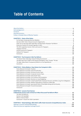 About the Authors
Acknowledgements
Foreword
Executive Summary
Preface: 10 Golden Rules of Effective Taxation
CHAPTER 1—State of the States
On the Move: Analyzing American Mobility
Decision 2014: Voters Choose Economic Opportunity
State Tax Cut Roundup 2014: Both Blue and Red States Champion Tax Reform
Governors Outline Pro-Growth Agendas in 2015
The 2015 Legislative Session: Wins and Losses for Taxpayers
Taxpayer Victories
Partial Victories for Taxpayers
Setbacks for Taxpayers
Conclusion
CHAPTER 2—Tax Cronyism is Not Tax Reform
The Good: States Take Steps Toward Ending Tax Cronyism
The Bad: New York’s START-UP NY Spends $45 Million, Only “Creates” 76 Jobs
The Ugly: States Resist Transparency Reform on Tax Expenditures
Conclusion
CHAPTER 3—Policy Matters: How States Can Compete to Win
Policy Obstacle to Growth: Taxation
Policy Obstacle to Growth: Overall Tax Burden
Policy Obstacle to Growth: Personal Income Taxes
Policy Obstacle to Growth: Corporate Income Taxes
Policy Obstacle to Growth: State Death Taxes
Policy Obstacle to Growth: Tax Cronyism and Complexity
Policy Obstacle to Growth: Business as Usual Budgeting
Policy Obstacle to Growth: Underfunded Public Employee Pensions and Other Long-Term Obligations
Policy Obstacle to Growth: Welfare Dependence Instead of a Safety Net
Policy Obstacle to Growth: Ignoring the Role of Charitable Giving and Civil Society
Policy Obstacle to Growth: Forced-Unionization
Conclusion
CHAPTER 4—Lessons from Kansas:
A Behind the Scenes Look at America’s Most Discussed Tax Reform Effort
The 2012 Tax Reforms
Kansas in the Spotlight
Where is Kansas Now?
Conclusion—Lessons for State Lawmakers
CHAPTER 5—State Rankings: 2015 ALEC-Laffer State Economic Competitiveness Index
Appendix. Economic Outlook Methodology
About the American Legislative Exchange Council
iv
v
vi
vii
ix
1
2
7
7
8
10
10
13
15
16
19
20
23
23
25
29
31
33
35
37
39
44
45
47
50
54
58
60
65
66
68
76
78
83
136
138
Table of Contents
www.alec.org iii
 