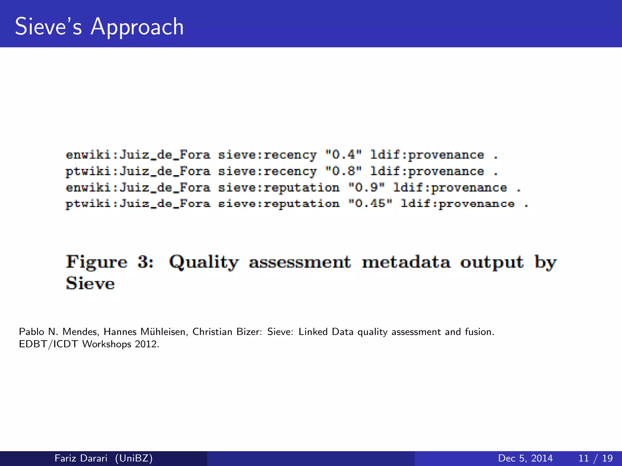 Sieve's Approach 
Pablo N. Mendes, Hannes Muhleisen, Christian Bizer: Sieve: Linked Data quality assessment and fusion. 
EDBT/ICDT Workshops 2012. 
Fariz Darari (UniBZ) Dec 5, 2014 11 / 19 
 