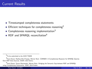Current Results 
Timestamped completeness statements 
Ecient techniques for completeness reasoning2 
Completeness reasoning implementation3 
RDF and SPARQL reconciliation4 
2 
To be submitted to the ACM TWEB 
3 
Fariz Darari, Radityo Eko Prasojo, Werner Nutt: CORNER: A Completeness Reasoner for SPARQL Queries 
Over RDF Data Sources. ESWC 2014 Demo. 
4 
Fariz Darari, Simon Razniewski, Werner Nutt: Bridging the Semantic Gap between RDF and SPARQL 
using Completeness Statements. ISWC 2014 Poster. 
Fariz Darari (UniBZ) Dec 5, 2014 18 / 19 
 