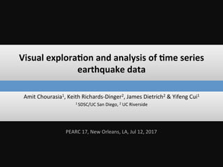 Visual exploration and analysis of time series
earthquake data
Amit Chourasia1, Keith Richards-Dinger2, James Dietrich2 & Yifeng Cui1
1 SDSC/UC San Diego, 2 UC Riverside
PEARC 17, New Orleans, LA, Jul 12, 2017
 