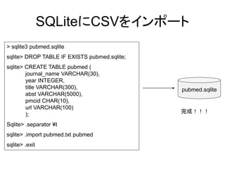 SQLiteにCSVをインポート
> sqlite3 pubmed.sqlite
sqlite> DROP TABLE IF EXISTS pubmed.sqlite;
sqlite> CREATE TABLE pubmed (
        journal_name VARCHAR(30),
        year INTEGER,
        title VARCHAR(300),                   pubmed.sqlite
        abst VARCHAR(5000),
        pmcid CHAR(10),
        url VARCHAR(100)
                                              完成！！！
        );
Sqlite> .separator ¥t
sqlite> .import pubmed.txt pubmed
sqlite> .exit
 