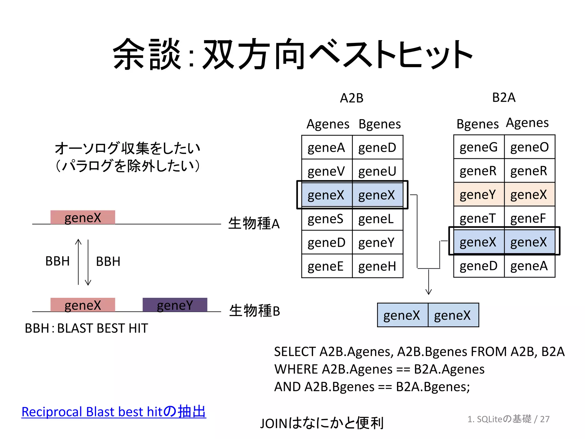 余談：双方向ベストヒット
                                           A2B                     B2A
                                      Agenes Bgenes         Bgenes Agenes
    オーソログ収集をしたい                       geneA geneD            geneG geneO
    （パラログを除外したい）                      geneV geneU            geneR geneR
                                      geneX geneX            geneY geneX
      geneX                    生物種A   geneS   geneL          geneT geneF
                                      geneD geneY            geneX geneX
   BBH     BBH                        geneE geneH            geneD geneA

      geneX          geneY     生物種B               geneX geneX
BBH：BLAST BEST HIT
                                  SELECT A2B.Agenes, A2B.Bgenes FROM A2B, B2A
                                  WHERE A2B.Agenes == B2A.Agenes
                                  AND A2B.Bgenes == B2A.Bgenes;
Reciprocal Blast best hitの抽出                                  1. SQLiteの基礎 / 27
                                 JOINはなにかと便利
 