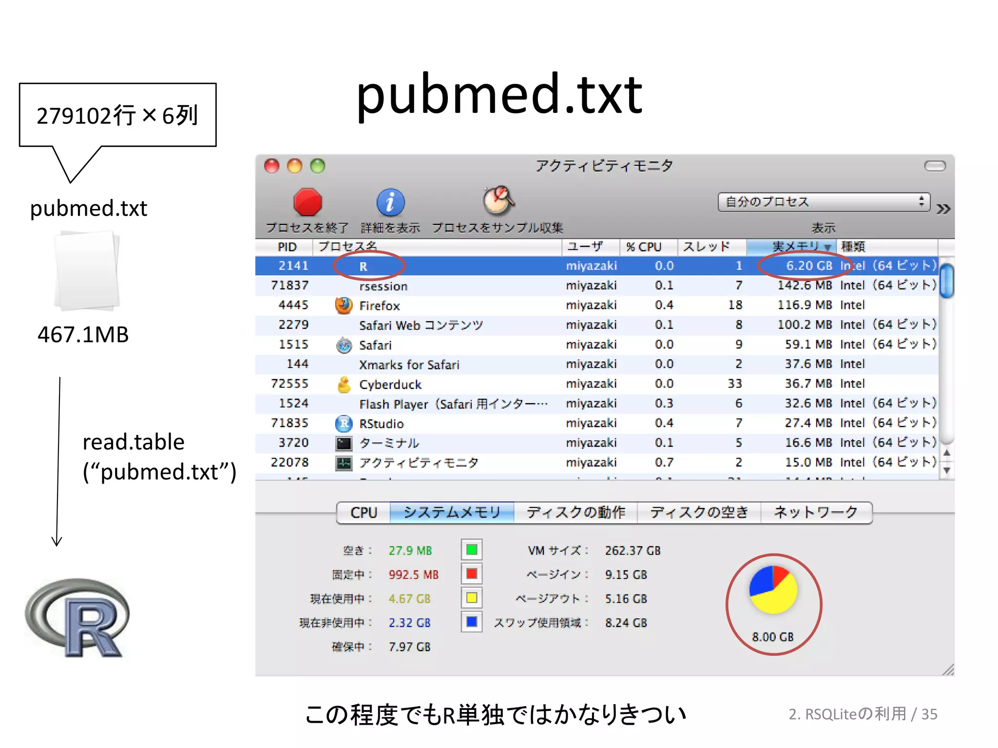 279102行×6列             pubmed.txt
pubmed.txt




467.1MB



    read.table
    (“pubmed.txt”)




                     この程度でもR単独ではかなりきつい   2. RSQLiteの利用 / 35
 