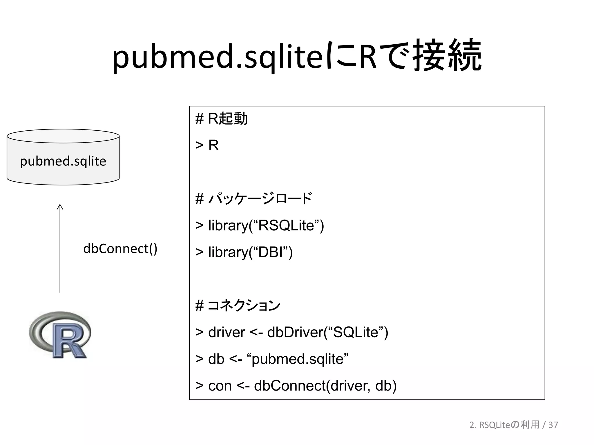pubmed.sqliteにRで接続
                       # R起動
                       >R
pubmed.sqlite

                       # パッケージロード
                       > library(“RSQLite”)
         dbConnect()   > library(“DBI”)


                       # コネクション
                       > driver <- dbDriver(“SQLite”)
                       > db <- “pubmed.sqlite”
                       > con <- dbConnect(driver, db)

                                                        2. RSQLiteの利用 / 37
 