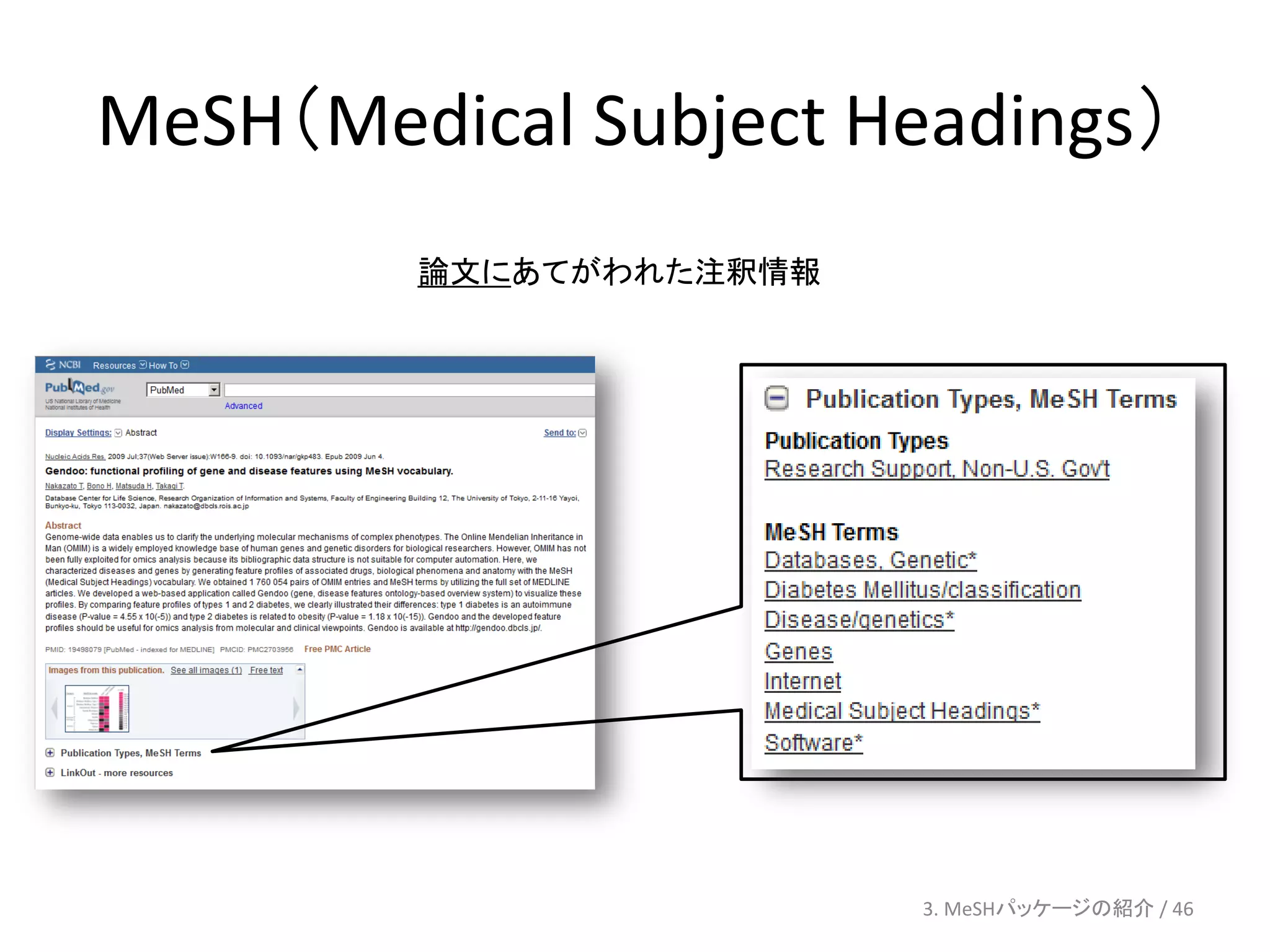 MeSH（Medical Subject Headings）
        論文にあてがわれた注釈情報




                        3. MeSHパッケージの紹介 / 46
 