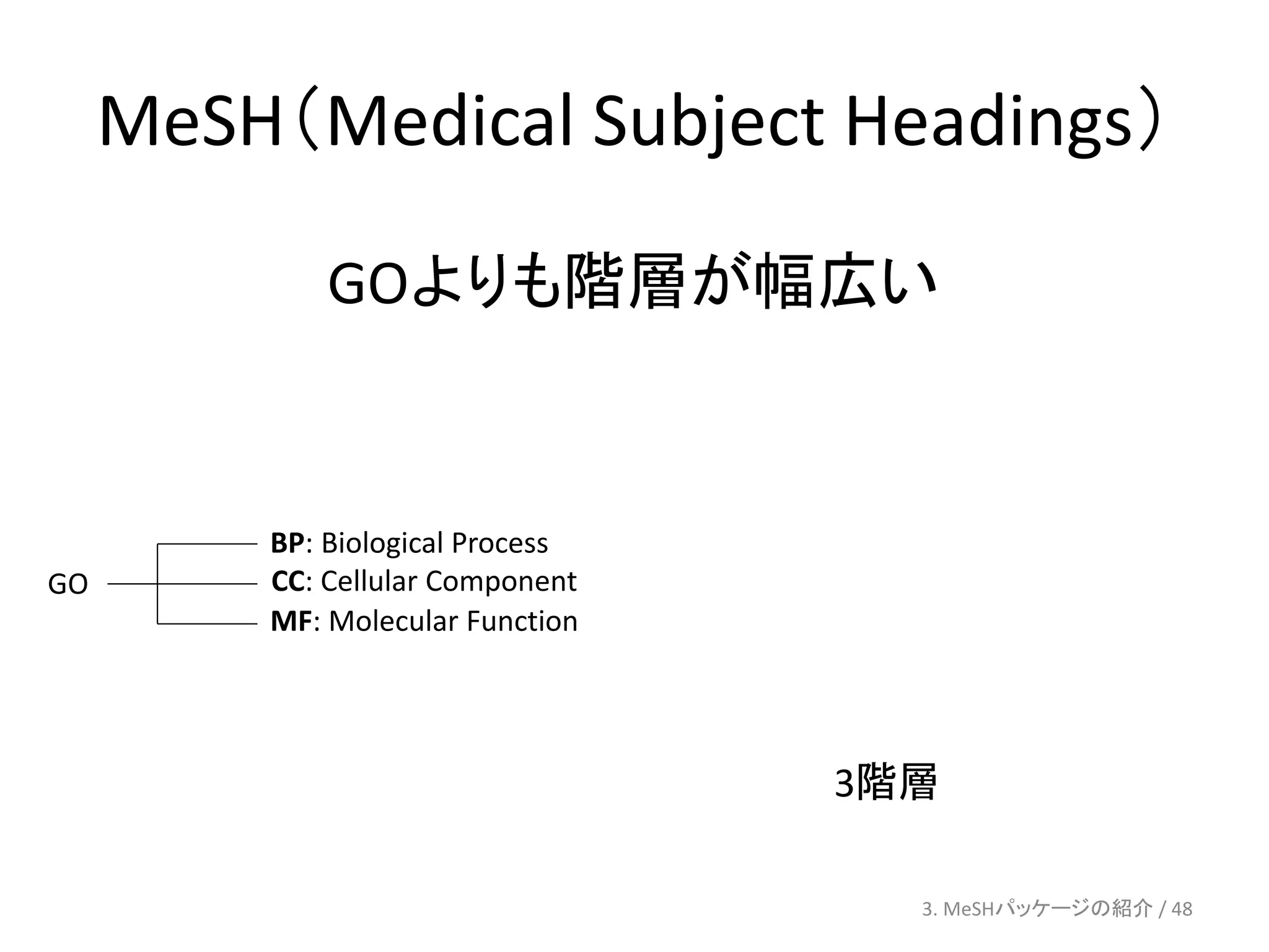 MeSH（Medical Subject Headings）

             GOよりも階層が幅広い


         BP: Biological Process
GO       CC: Cellular Component
         MF: Molecular Function




                                  3階層

                                    3. MeSHパッケージの紹介 / 48
 