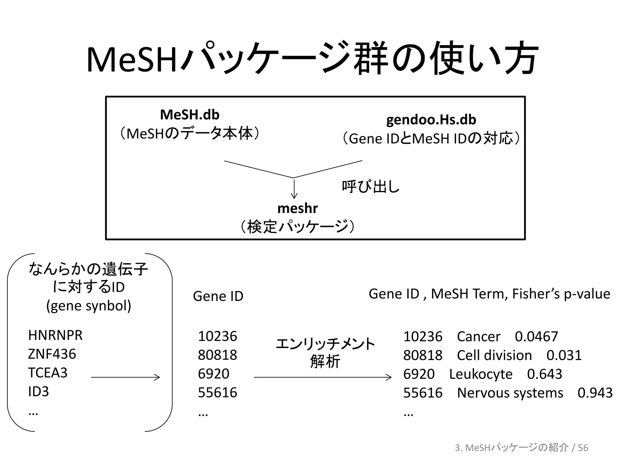 MeSHパッケージ群の使い方
               MeSH.db                gendoo.Hs.db
          （MeSHのデータ本体）          （Gene IDとMeSH IDの対応）


                                呼び出し
                            meshr
                         （検定パッケージ）

なんらかの遺伝子
  に対するID                             Gene ID , MeSH Term, Fisher’s p-value
                 Gene ID
 (gene synbol)
HNRNPR           10236                    10236    Cancer 0.0467
                           エンリッチメント
ZNF436           80818                    80818    Cell division 0.031
                              解析
TCEA3            6920                     6920    Leukocyte 0.643
ID3              55616                    55616    Nervous systems 0.943
…                …                        …

                                                  3. MeSHパッケージの紹介 / 56
 