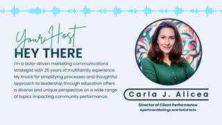 Director of Client Performance
ApartmentRatings and SatisFacts
HEY THERE
Your Host
I'm a data-driven marketing communications
strategist with 25 years of multifamily experience.
My knack for simplifying processes and thoughtful
approach to leadership through education offers
a diverse and unique perspective on a wide range
of topics impacting community performance. C a r l a J . A l i c e a
 