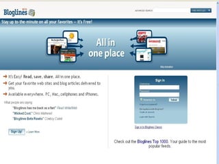 ¿Cómo utilizar el RSS? Instalar o registrarse en un lector de RSS.  ( http:// www . bloglines . com )‏ Localizar este icono o la expresión RSS en una página web Copiar el enlace Pegar el enlace en el lector de RSS 