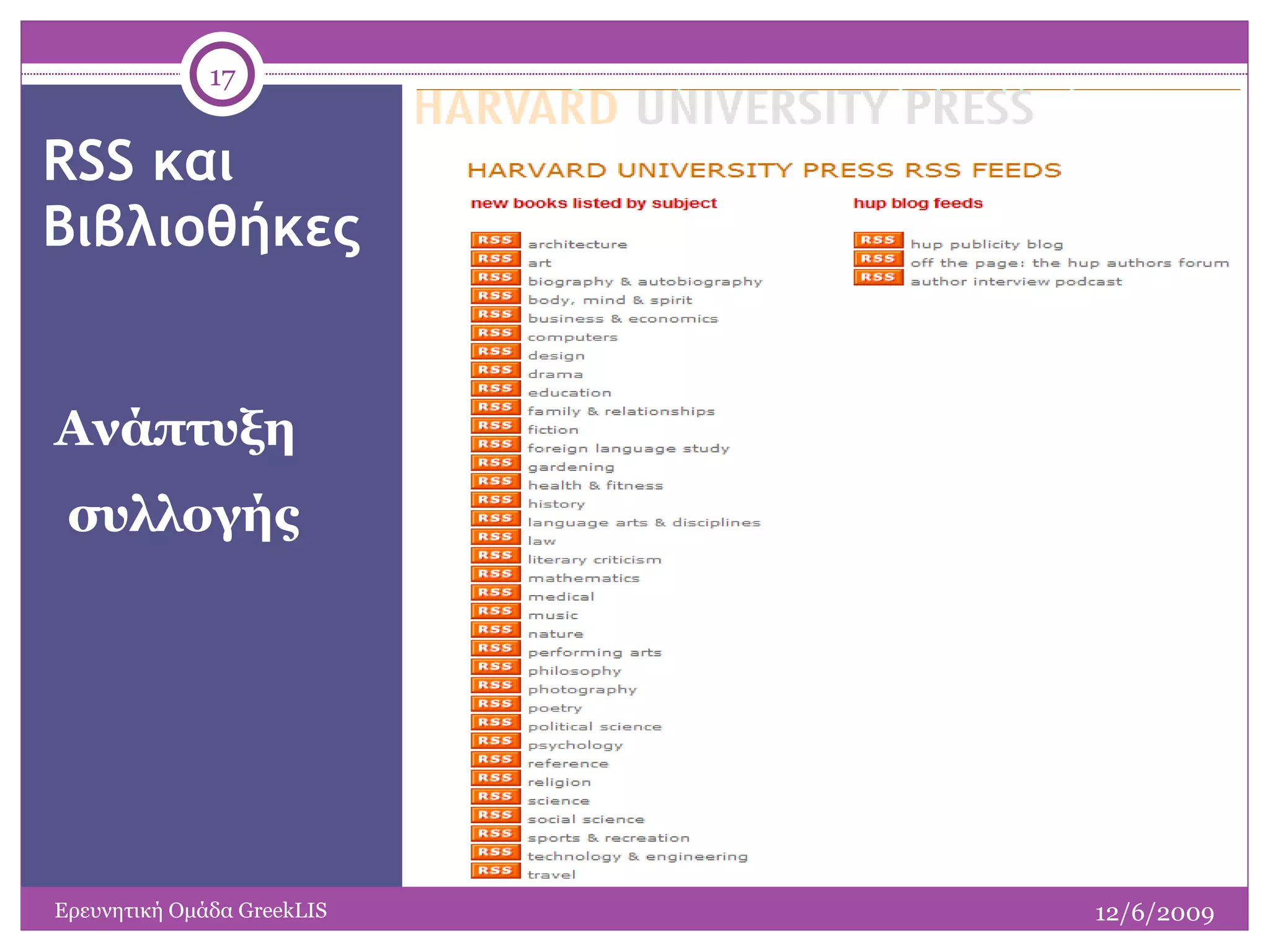 Ανάπτυξη  συλλογής RSS  και Βιβλιοθήκες 12/6/2009 Ερευνητική Ομάδα  GreekLIS 