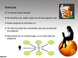 VENTAJAS
Te ahorra mucho tiempo
No tendrás que visitar cada una de las paginas web
Estas paginas te informan a ti
Te informa sobre las novedades que han producido
tus paginas
Reuniones en un mismo lugar y a un solo click de
distancia
