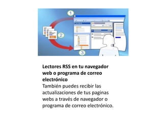 Lectores RSS en tu navegador
web o programa de correo
electrónico
También puedes recibir las
actualizaciones de tus paginas
webs a través de navegador o
programa de correo electrónico.
 