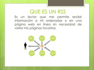 QUE ES UN RSS
Es un lector que me permite recibir
información a mi ordenador o en una
página web en línea sin necesidad de
visitar mis páginas favoritas.