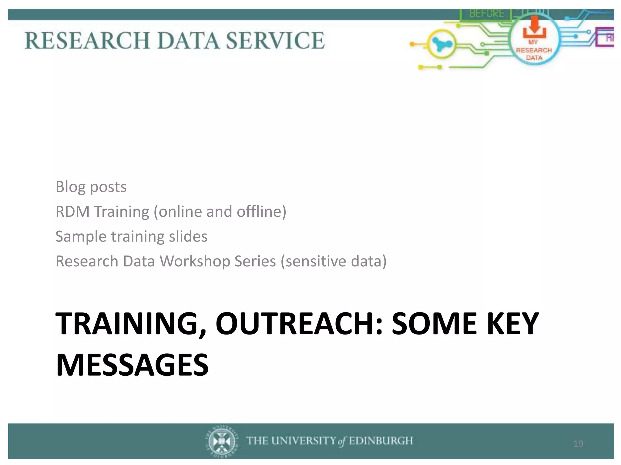 TRAINING, OUTREACH: SOME KEY
MESSAGES
Blog posts
RDM Training (online and offline)
Sample training slides
Research Data Workshop Series (sensitive data)
19
 